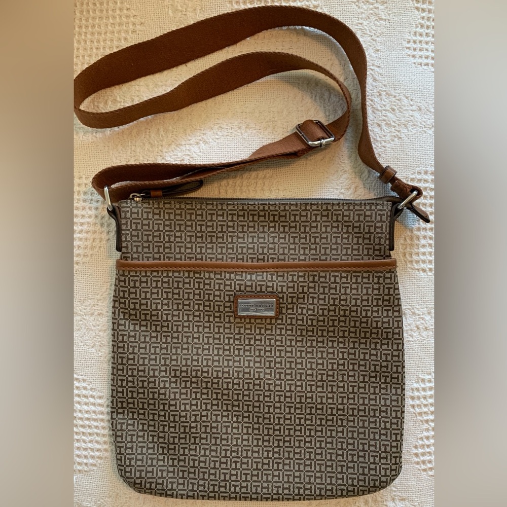 Tommy Hilfiger Brown And Cream Crossbody Bag With Adjustable Fabric Strap